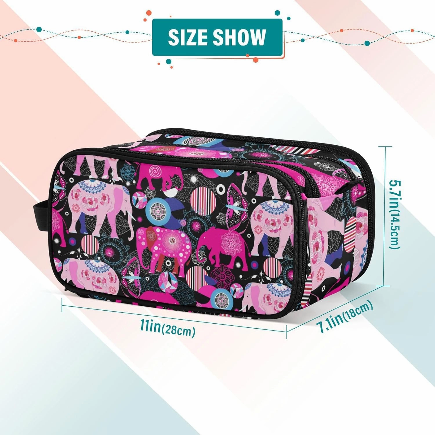 Seamless Bright Colorful Pink Elephants Leaves Flowers on Dark Women's Portable Makeup Bag with Handle, Cosmetic Bag, Travel Cosmetic Bag Durable Toiletry Storage Organizer 11 x 7 x 5.7 inch