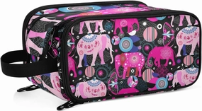 Seamless Bright Colorful Pink Elephants Leaves Flowers on Dark Women's Portable Makeup Bag with Handle, Cosmetic Bag, Travel Cosmetic Bag Durable Toiletry Storage Organizer 11 x 7 x 5.7 inch