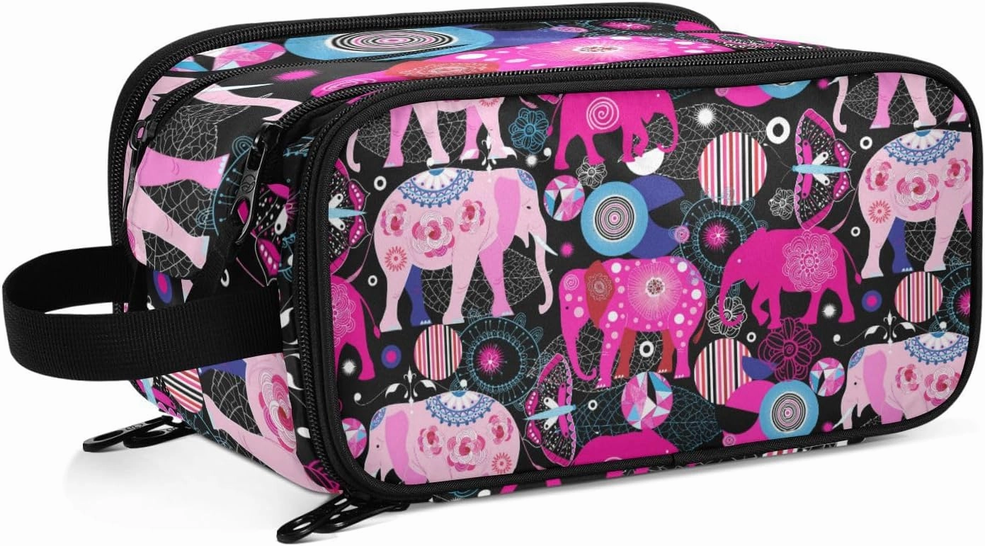 Seamless Bright Colorful Pink Elephants Leaves Flowers on Dark Women's Portable Makeup Bag with Handle, Cosmetic Bag, Travel Cosmetic Bag Durable Toiletry Storage Organizer 11 x 7 x 5.7 inch