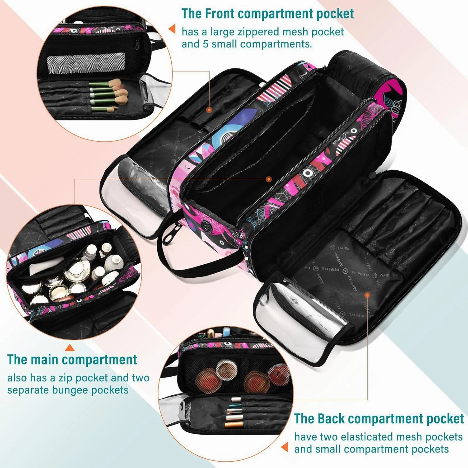 Seamless Bright Colorful Pink Elephants Leaves Flowers on Dark Women's Portable Makeup Bag with Handle, Cosmetic Bag, Travel Cosmetic Bag Durable Toiletry Storage Organizer 11 x 7 x 5.7 inch