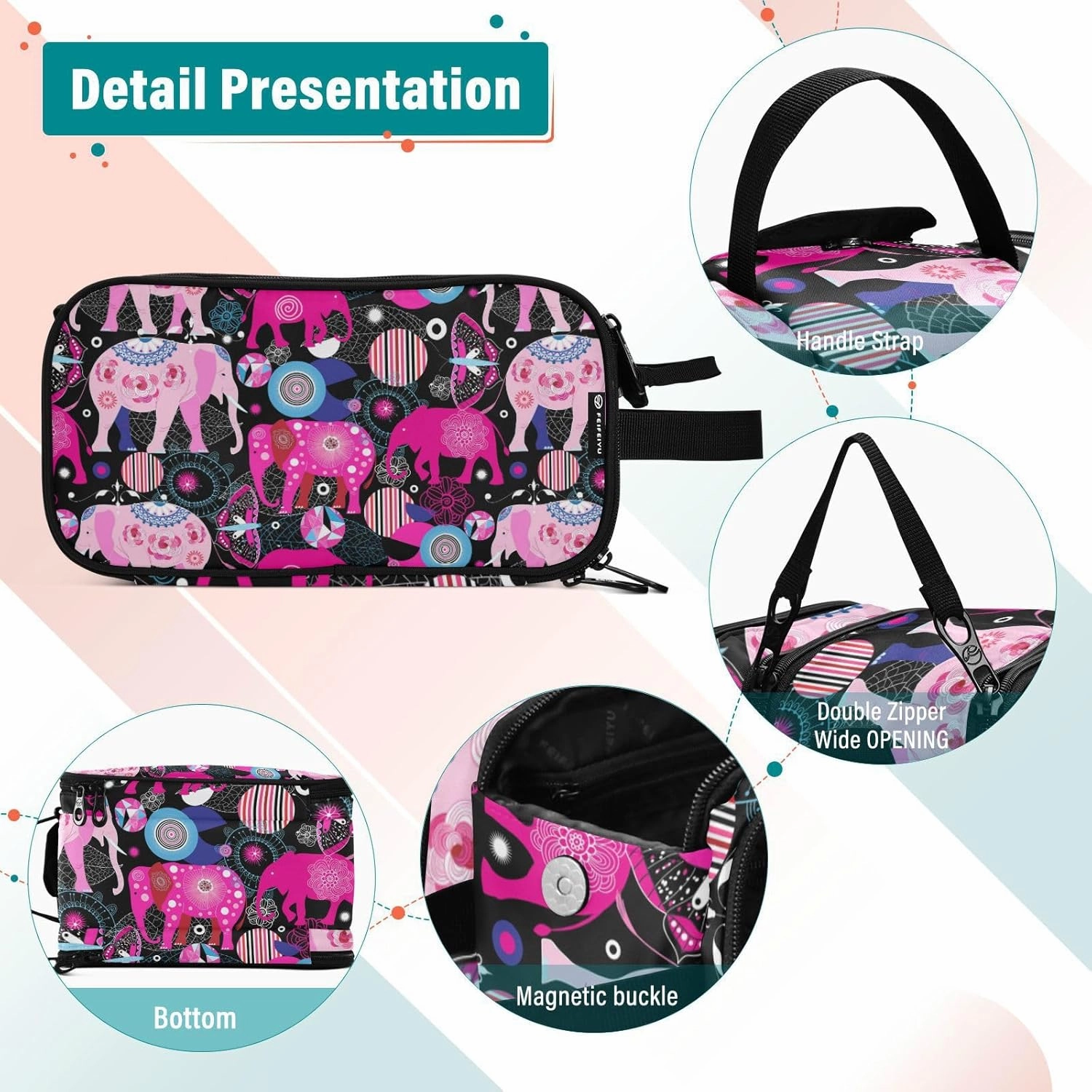 Seamless Bright Colorful Pink Elephants Leaves Flowers on Dark Women's Portable Makeup Bag with Handle, Cosmetic Bag, Travel Cosmetic Bag Durable Toiletry Storage Organizer 11 x 7 x 5.7 inch