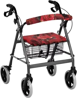 Seat Cover for Walkers for Seniors Red Rose Walker Seat Covers for Ladies Floral Rollator Walker Accessories for Seniors Adjustable Fabric Rollator Walker Seat and Backrest Covers