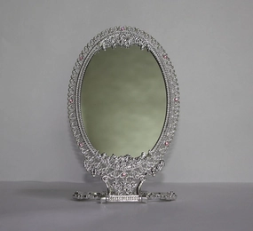 SEHAMANO Vintage Antique Foldable Embossed Roses & Small Hearts Pattern Makeup Table Mirror, Decorative Oval Shaped Mirror, Antique Vanity Cosmetic Double Sided Metal Frame Mirror (Shiny Silver)