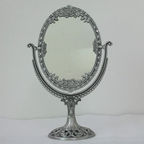 SEHAMANO Vintage Oval Double Sided Embossed Roses Frame Makeup Table Mirror for Bathroom Bedroom Dressing, Antique Decorative Vanity Cosmetic Metal Stand Mirror (Large, Tin (Matt Silver))