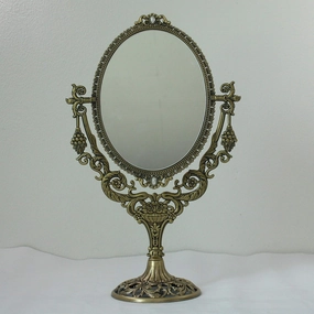 SEHAMANO Vintage Two Sided Oval Desktop Vanity Makeup Mirror with Embossed Frame and Mounted Beads for Bathroom Bedroom Dressing, Antique Cosmetic Metal Royal Stand Mirror (Large, Brass (Matt Gold))