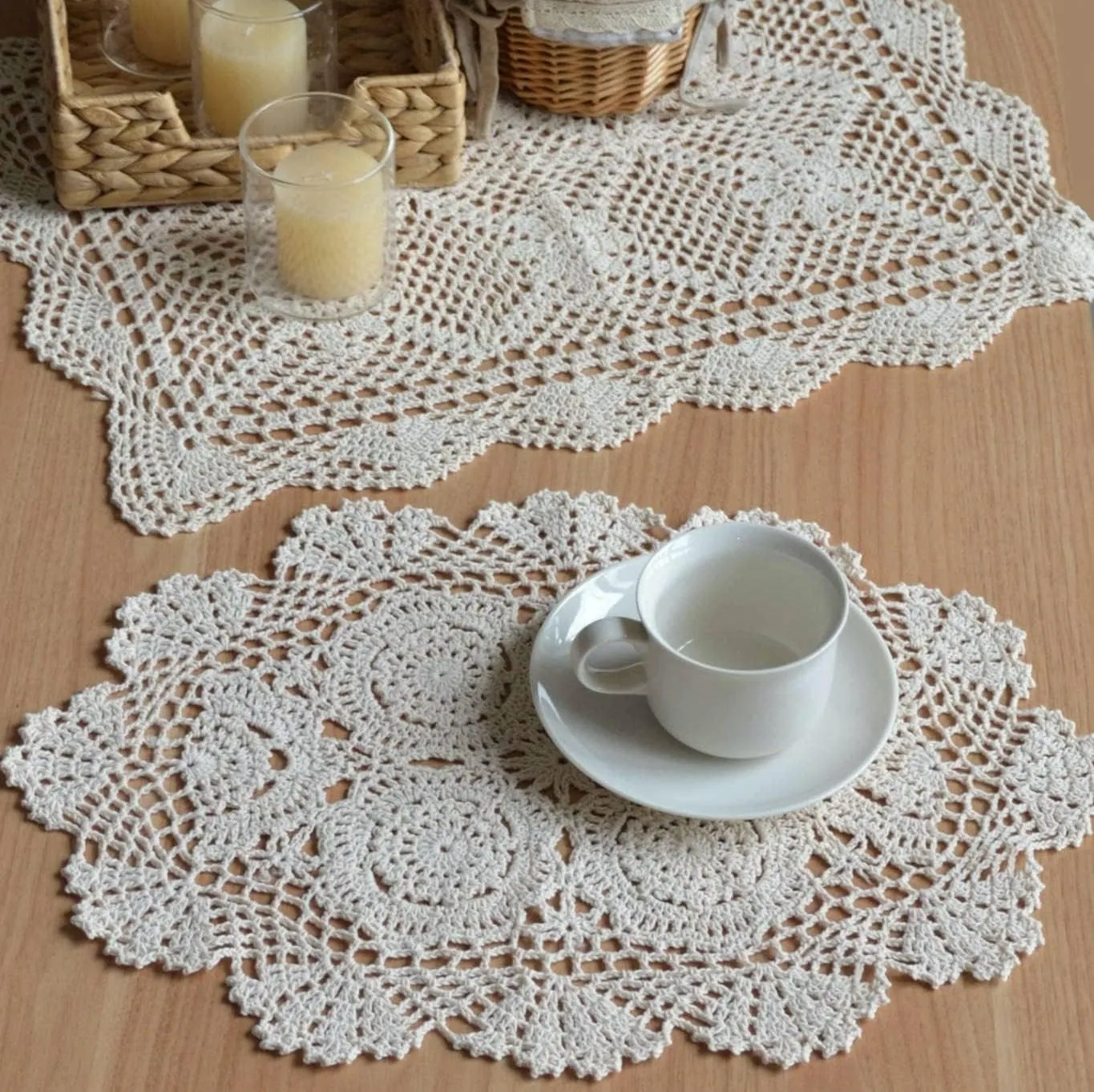 Set of 2 Hand Crochet Lace Dresser Scarves Coffee Table Runners Farmhouse Doily Placemats