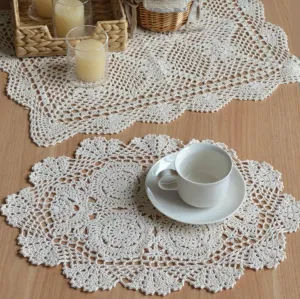 Set of 2 Hand Crochet Lace Dresser Scarves Coffee Table Runners Farmhouse Doily Placemats