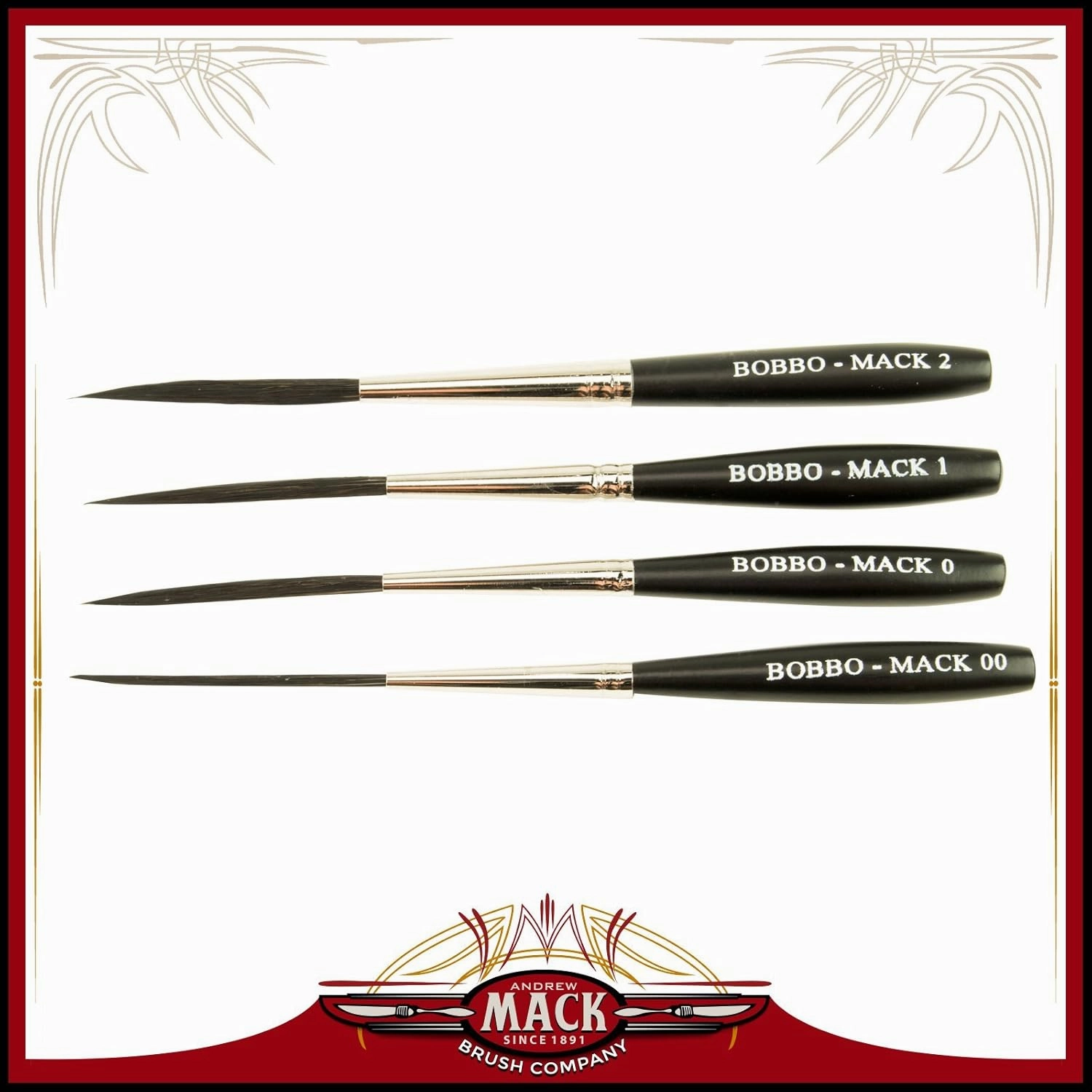 Set of 4 Sizes 00-2 Series Bobbo-Mack Super Quad 4 Action Scroll Pinstriper Brushes Blue Squirrel & Black Synthetic Hair