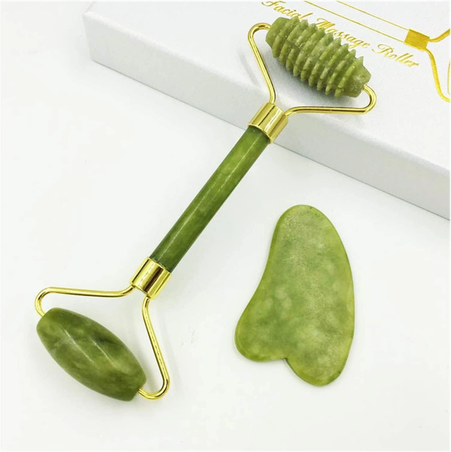 Set of Natural Jade Roller Stones for Swollen Neck and Eye Massage Anti-Aging and Anti-Wrinkle Face Slimming Skin Firming Gua Sha Tool