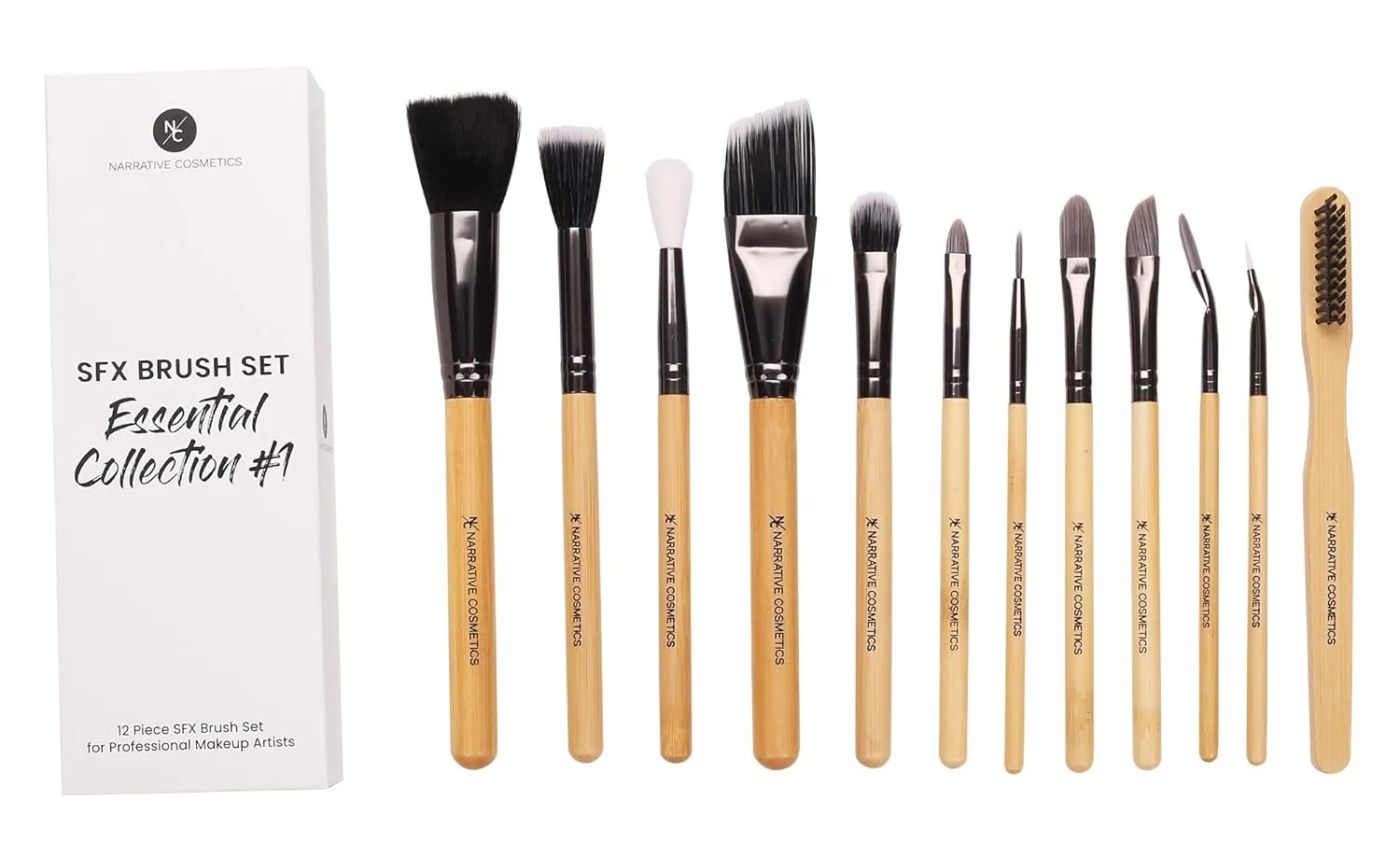 SFX Brush Set, Essential Collection #1, 12 Makeup Brushes with Synthetic Bristles & Natural Bamboo Handles
