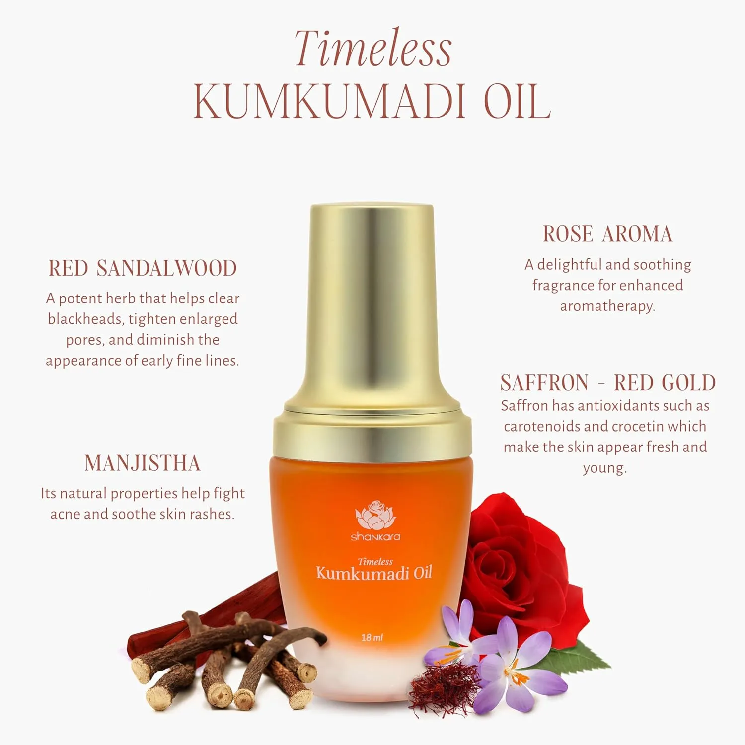 Shankara Kumkumadi Oil with Pure Saffron and Ayurvedic Herbs (Rose Aroma 18ml)