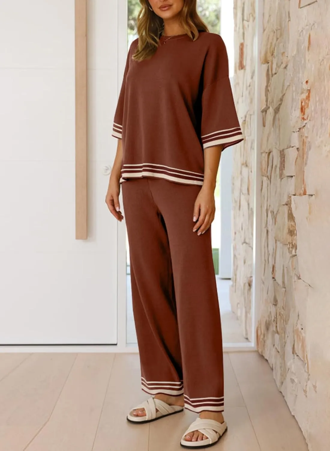 SHEWIN Lounge Sets for Women Casual 2 Piece Sweater Sets Loose Knit Womens Pajama Sets