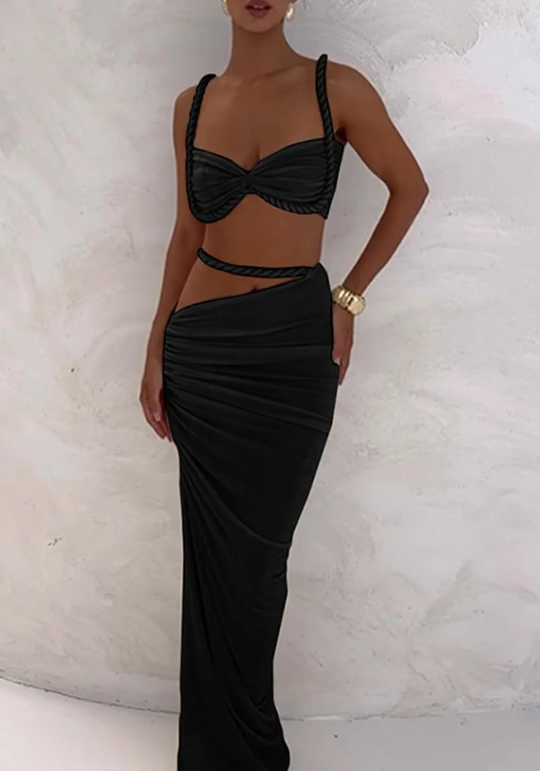 SHINFY Womens Summer Two Piece Maxi Skirt Sets Sexy Corset Top Ruched Long Skirt Beach Dress 2 Piece Club Outfits