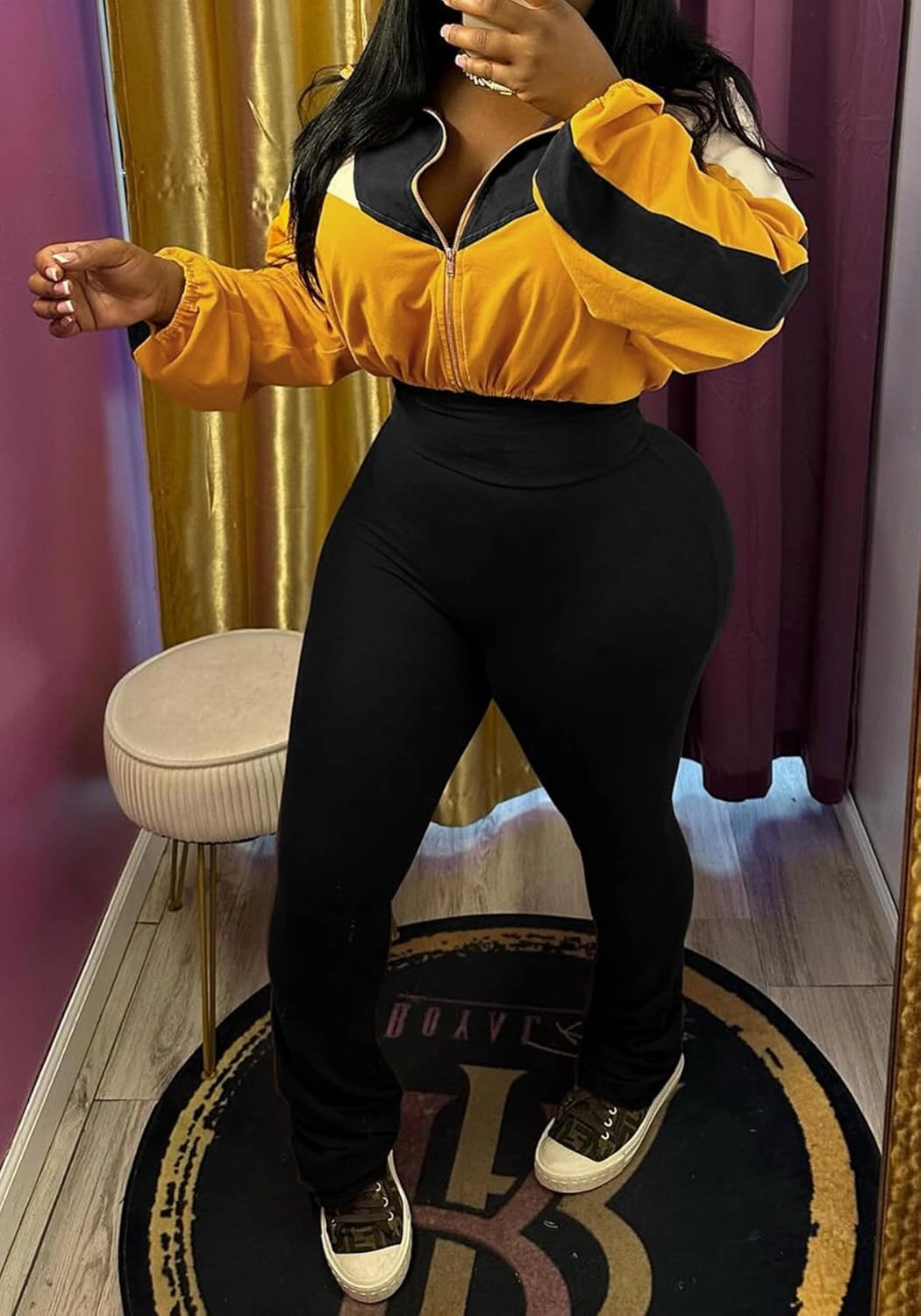 SHINFY Womens Sweatsuits 2 Piece Set Long Sleeve Color Block Cropped Jacket Leggings Pants Jogger Tracksuits Sets