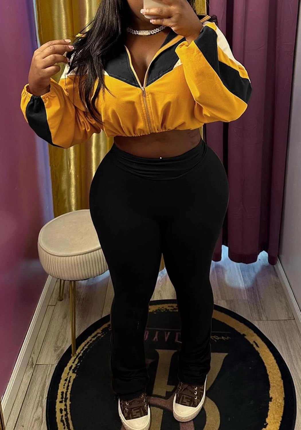 SHINFY Womens Sweatsuits 2 Piece Set Long Sleeve Color Block Cropped Jacket Leggings Pants Jogger Tracksuits Sets