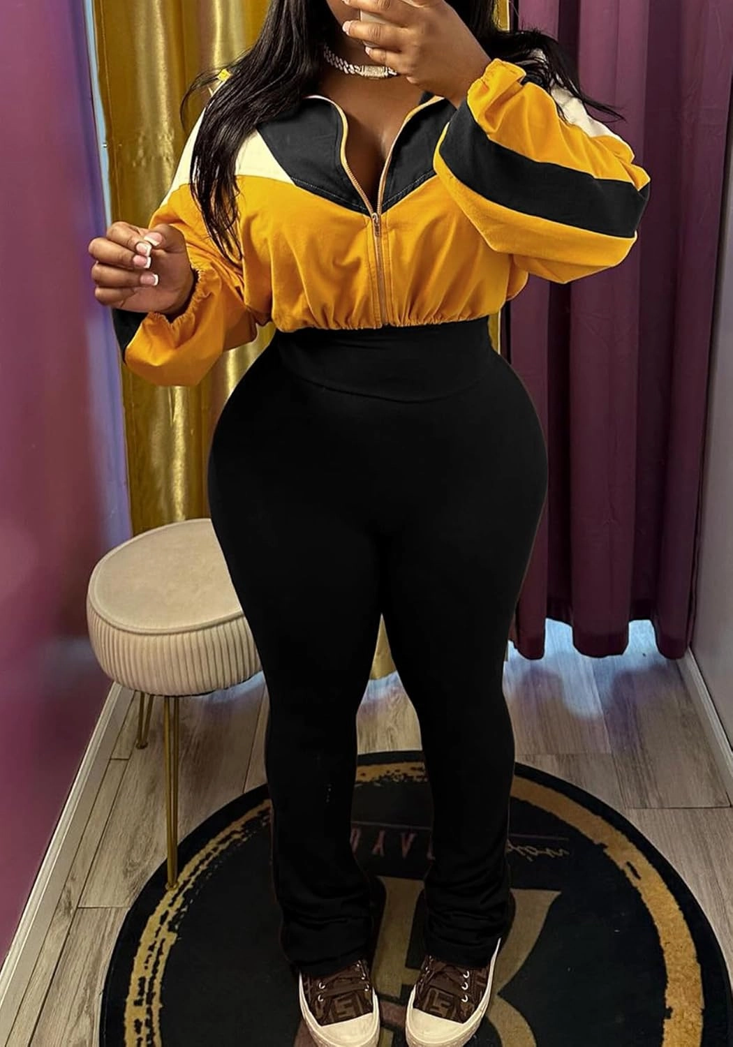SHINFY Womens Sweatsuits 2 Piece Set Long Sleeve Color Block Cropped Jacket Leggings Pants Jogger Tracksuits Sets