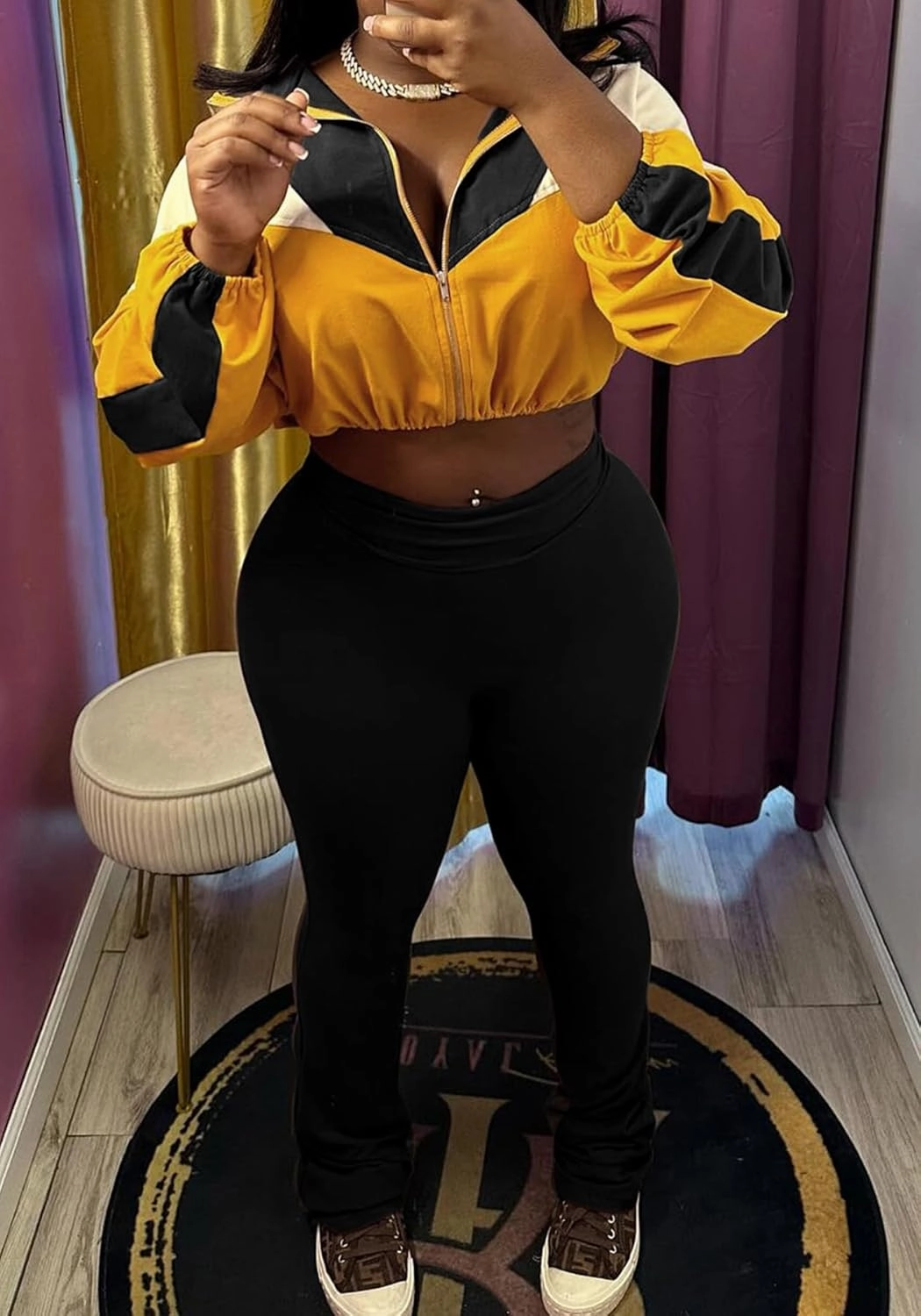 SHINFY Womens Sweatsuits 2 Piece Set Long Sleeve Color Block Cropped Jacket Leggings Pants Jogger Tracksuits Sets