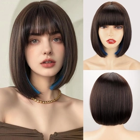 Short Bob Wigs With Bangs - 8 Inch Light Brown Yaki Straight Hair Daily Costume Wig For Black Women, Soft Light Synthetic Hair Replacement Wigs Heat Resistant
