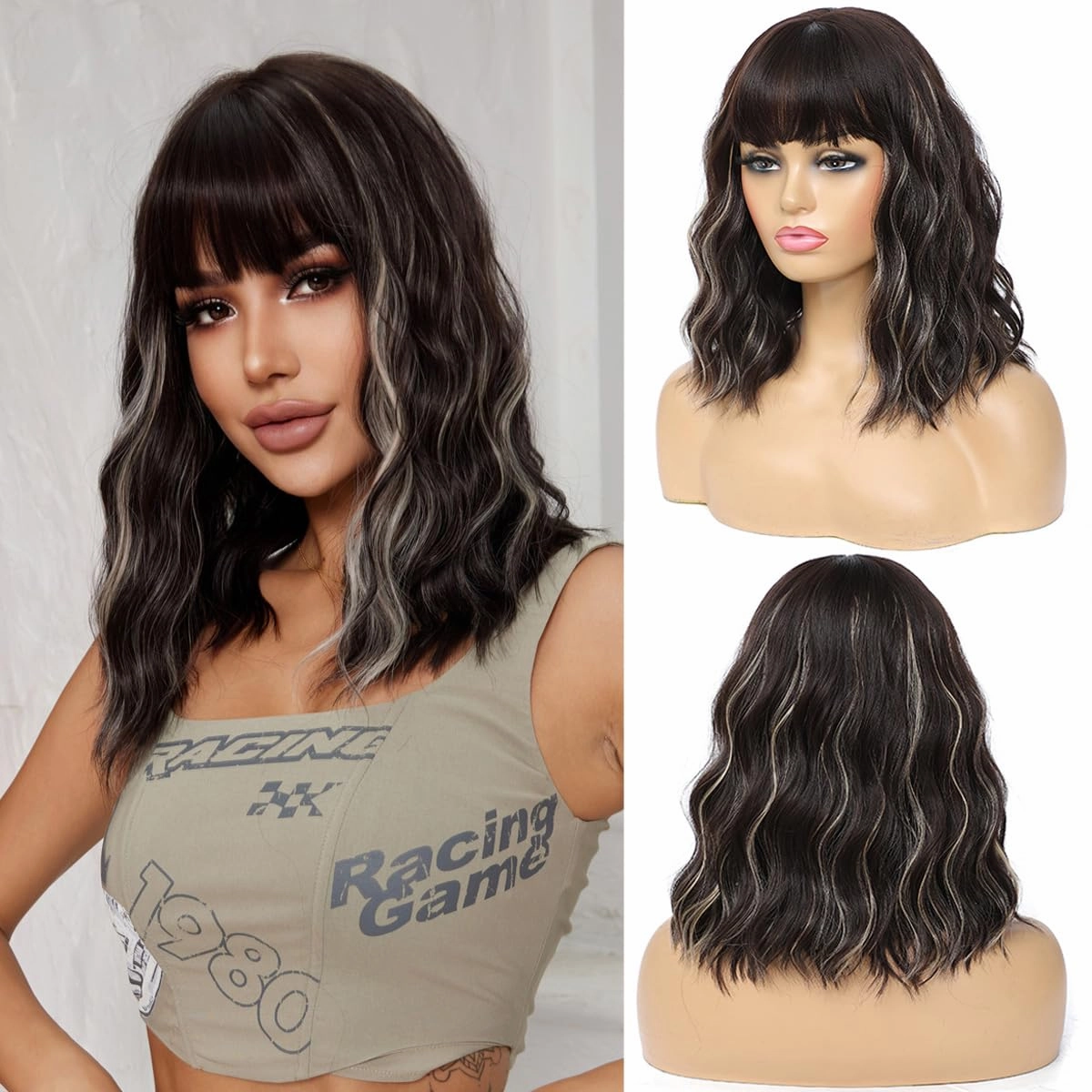 Short Brown with Blonde Wigs for Women Curly Wavy Bob Wig with Bangs Natural Looking Synthetic Heat Resistant Fiber Highlight Wig for Daily Party Use (Brown with Blonde)