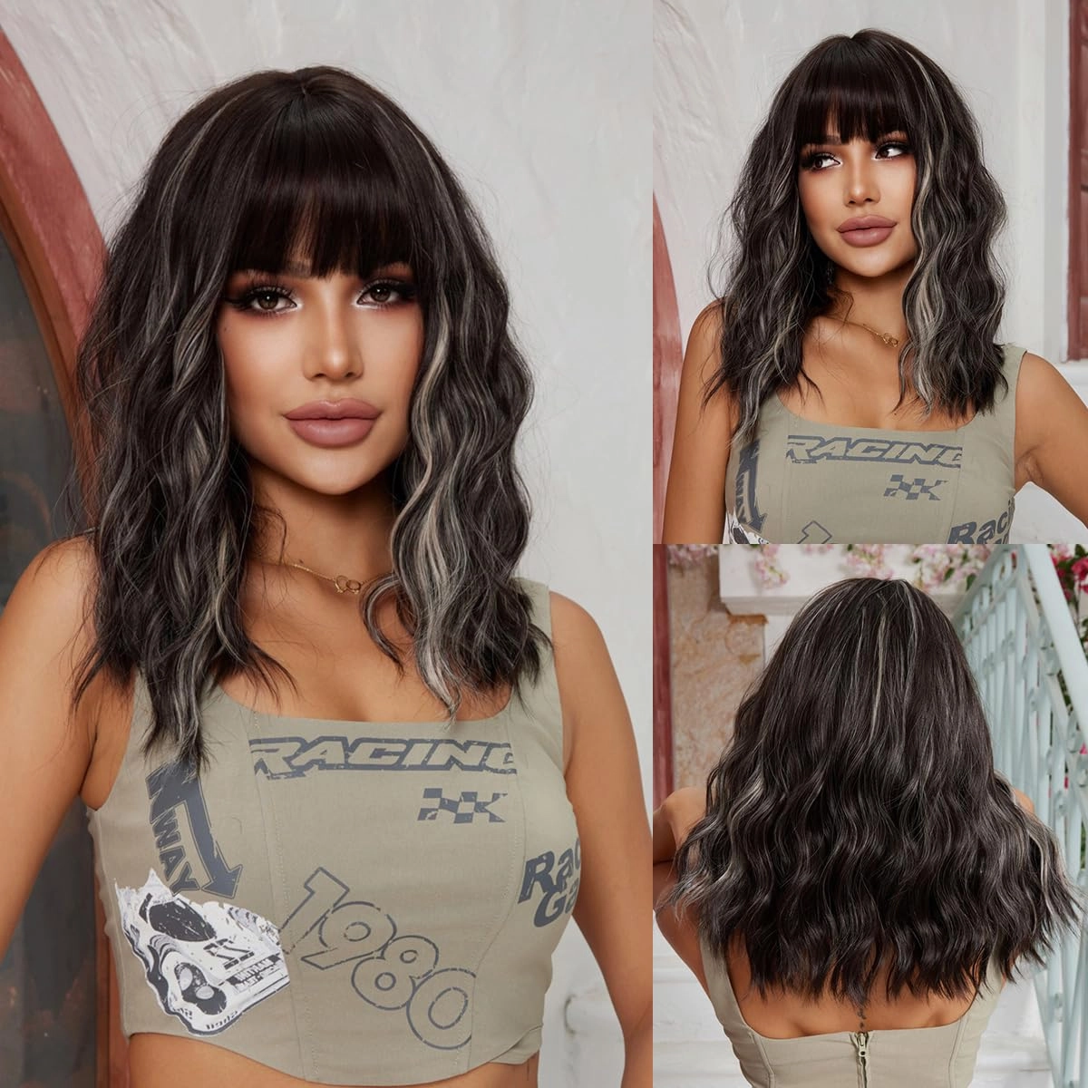 Short Brown with Blonde Wigs for Women Curly Wavy Bob Wig with Bangs Natural Looking Synthetic Heat Resistant Fiber Highlight Wig for Daily Party Use (Brown with Blonde)
