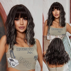 Short Brown with Blonde Wigs for Women Curly Wavy Bob Wig with Bangs Natural Looking Synthetic Heat Resistant Fiber Highlight Wig for Daily Party Use (Brown with Blonde)