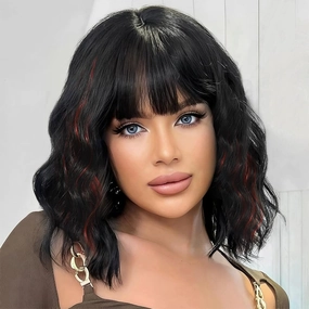 Short Curly Wigs with Bangs for Women 14 Inches Wavy Bob Wig Synthetic Heat Resistant Fiber Wigs