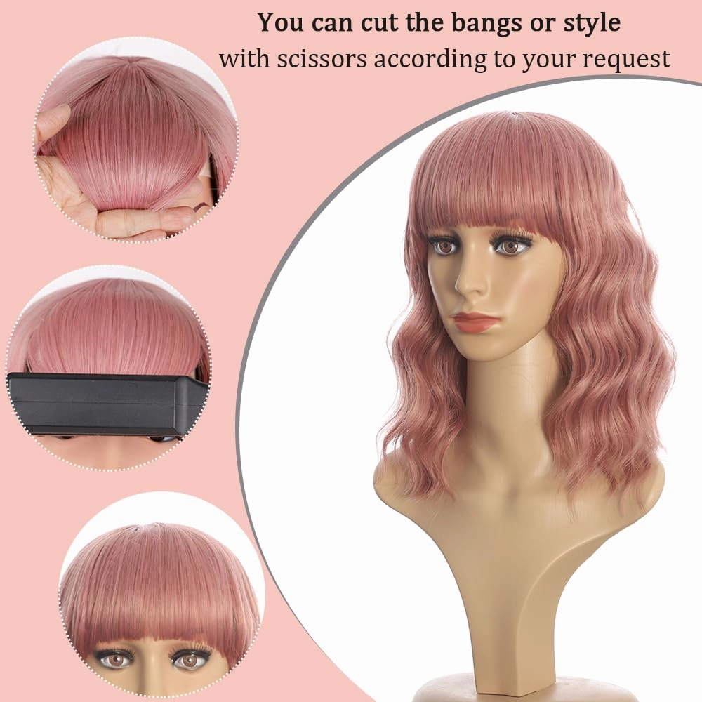Short Curly Wigs with Bangs for Women 14 Inches Wavy Bob Wig Synthetic Heat Resistant Fiber Wigs (608)
