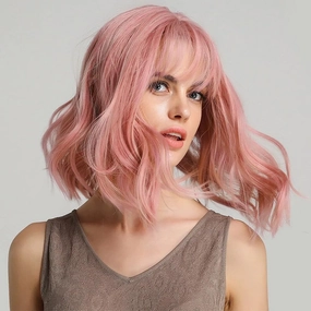 Short Curly Wigs with Bangs for Women 14 Inches Wavy Bob Wig Synthetic Heat Resistant Fiber Wigs (608)