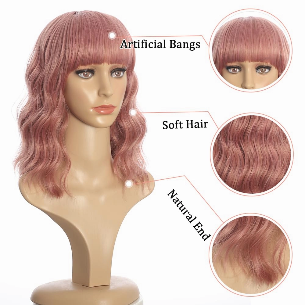 Short Curly Wigs with Bangs for Women 14 Inches Wavy Bob Wig Synthetic Heat Resistant Fiber Wigs (608)