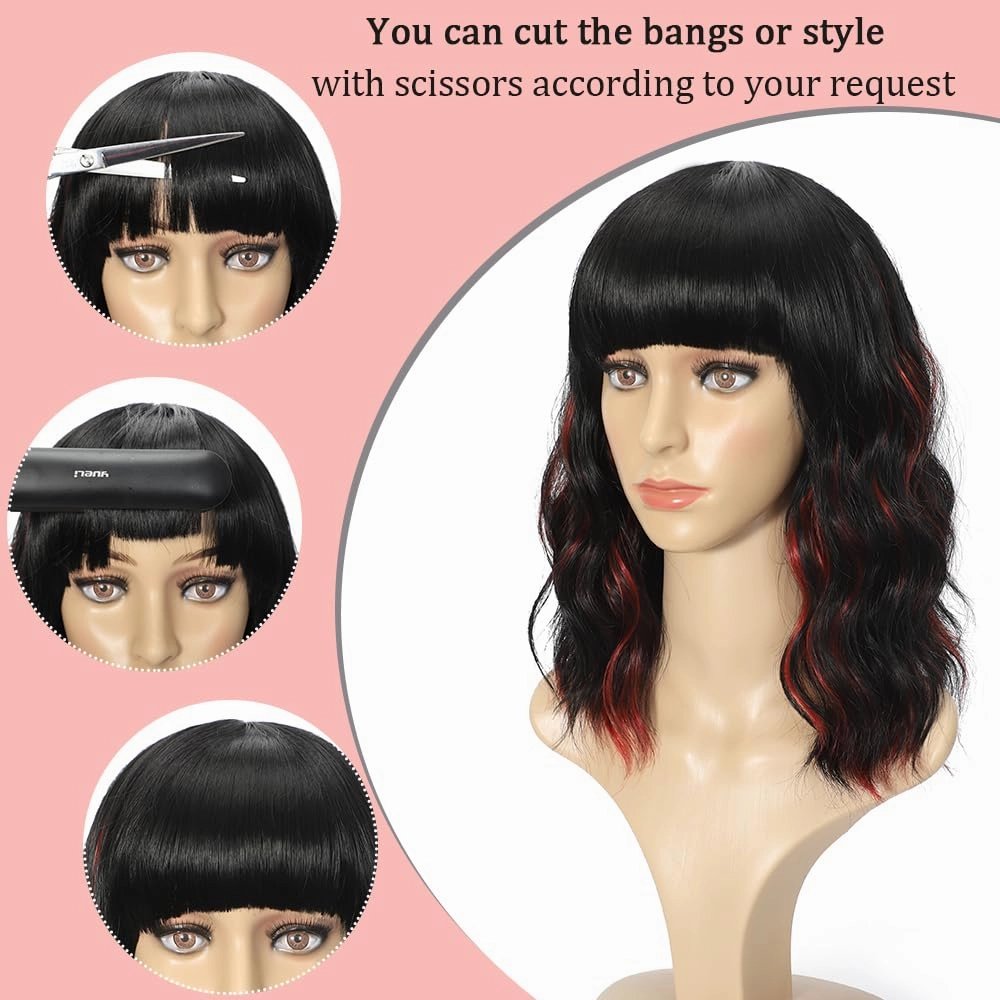 Short Curly Wigs with Bangs for Women 14 Inches Wavy Bob Wig Synthetic Heat Resistant Fiber Wigs