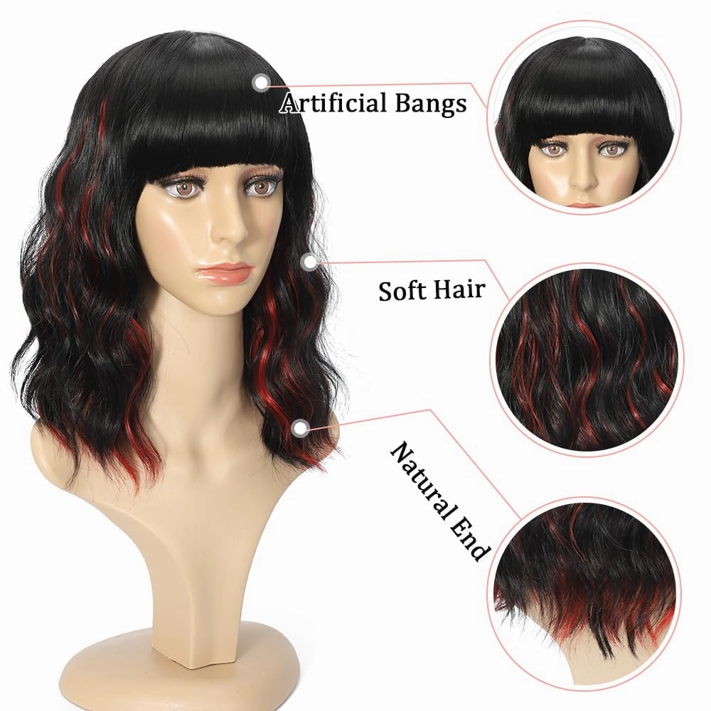 Short Curly Wigs with Bangs for Women 14 Inches Wavy Bob Wig Synthetic Heat Resistant Fiber Wigs