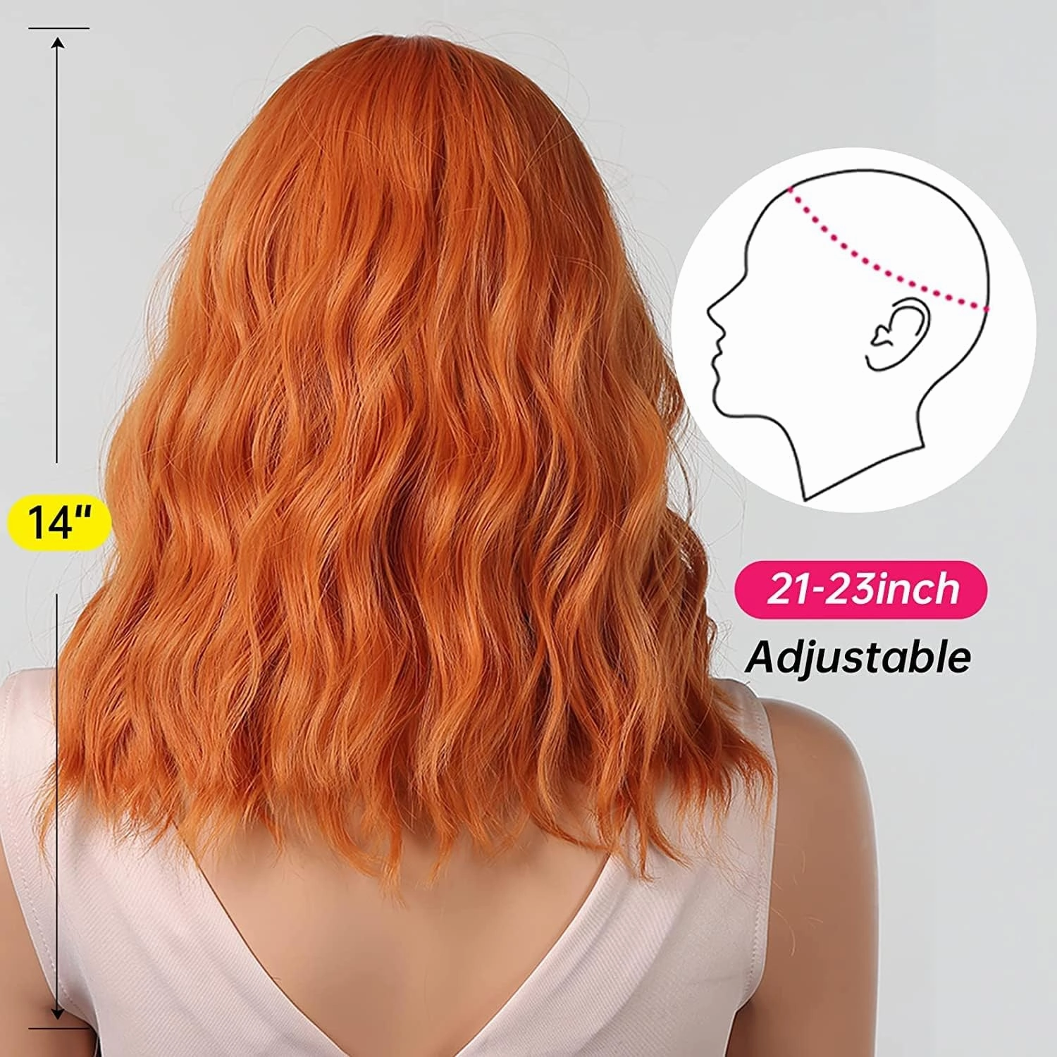 Short Ginger Orange Wig - Wavy Bob with Bangs, Curly Wig for Women - Natural Looking Synthetic Heat Resistant Fiber - Daily Party Use