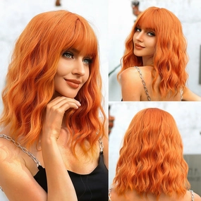 Short Ginger Orange Wig - Wavy Bob with Bangs, Curly Wig for Women - Natural Looking Synthetic Heat Resistant Fiber - Daily Party Use