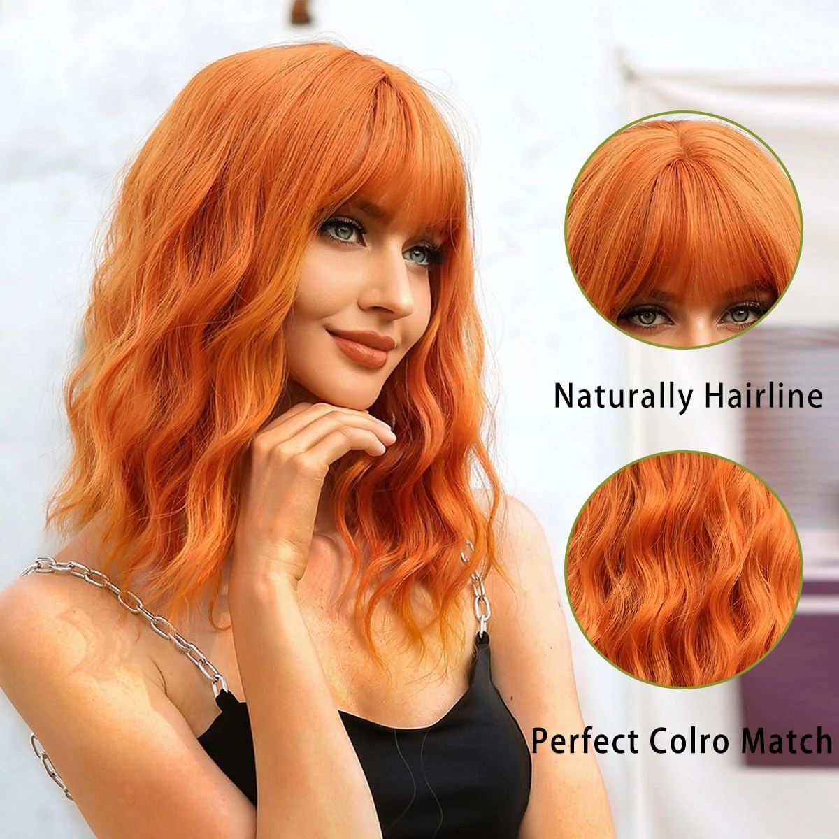 Short Ginger Orange Wig - Wavy Bob with Bangs, Curly Wig for Women - Natural Looking Synthetic Heat Resistant Fiber - Daily Party Use