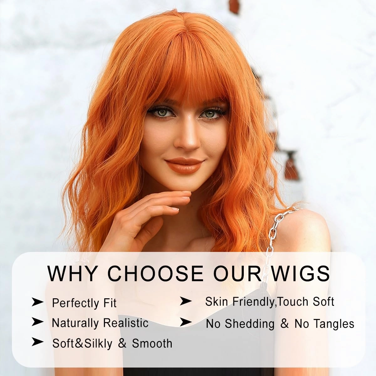 Short Ginger Orange Wig - Wavy Bob with Bangs, Curly Wig for Women - Natural Looking Synthetic Heat Resistant Fiber - Daily Party Use