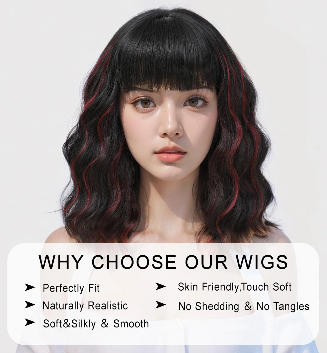 Short Wavy Wig with Bangs for Women Shoulder Length Bob Curly Synthetic Wigs with Natural Wavy Black Mixed Wine Red Heat Resistant Wig for Daily Party Use (Black Mix Wine Red)