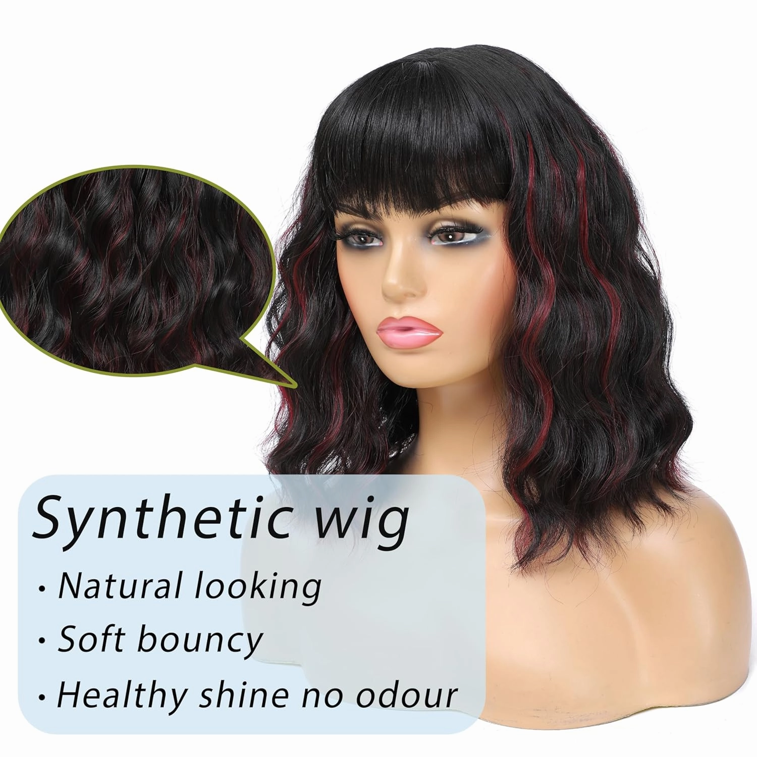 Short Wavy Wig with Bangs for Women Shoulder Length Bob Curly Synthetic Wigs with Natural Wavy Black Mixed Wine Red Heat Resistant Wig for Daily Party Use (Black Mix Wine Red)