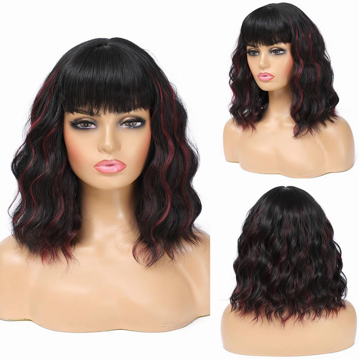 Short Wavy Wig with Bangs for Women Shoulder Length Bob Curly Synthetic Wigs with Natural Wavy Black Mixed Wine Red Heat Resistant Wig for Daily Party Use (Black Mix Wine Red)
