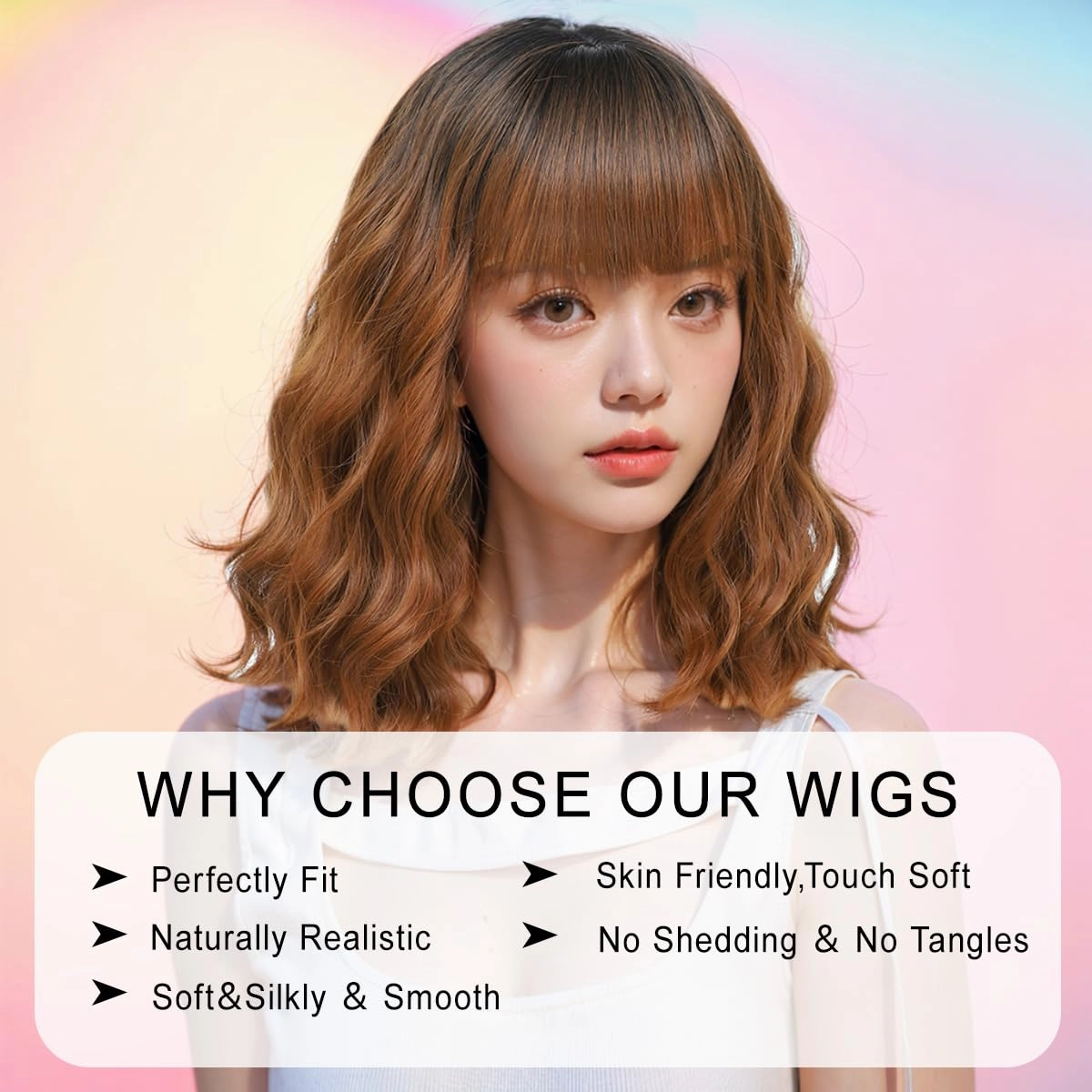 Short Wavy Wigs with Bangs Ombre Brown Curly Bob Wig for Women Natural Looking Synthetic Heat Resistant Fiber Brown Wig for Daily Party Use (Ombre Brown)