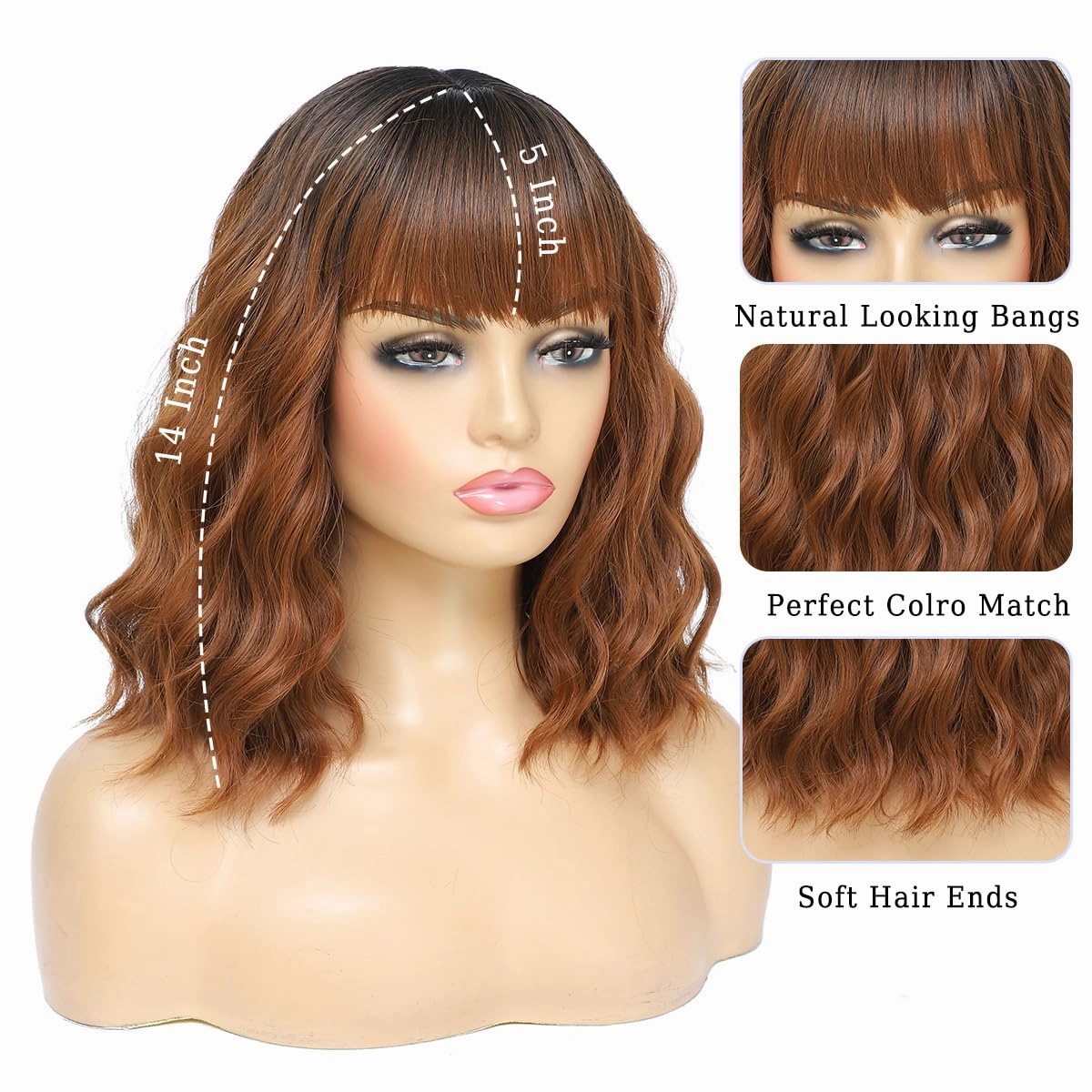 Short Wavy Wigs with Bangs Ombre Brown Curly Bob Wig for Women Natural Looking Synthetic Heat Resistant Fiber Brown Wig for Daily Party Use (Ombre Brown)
