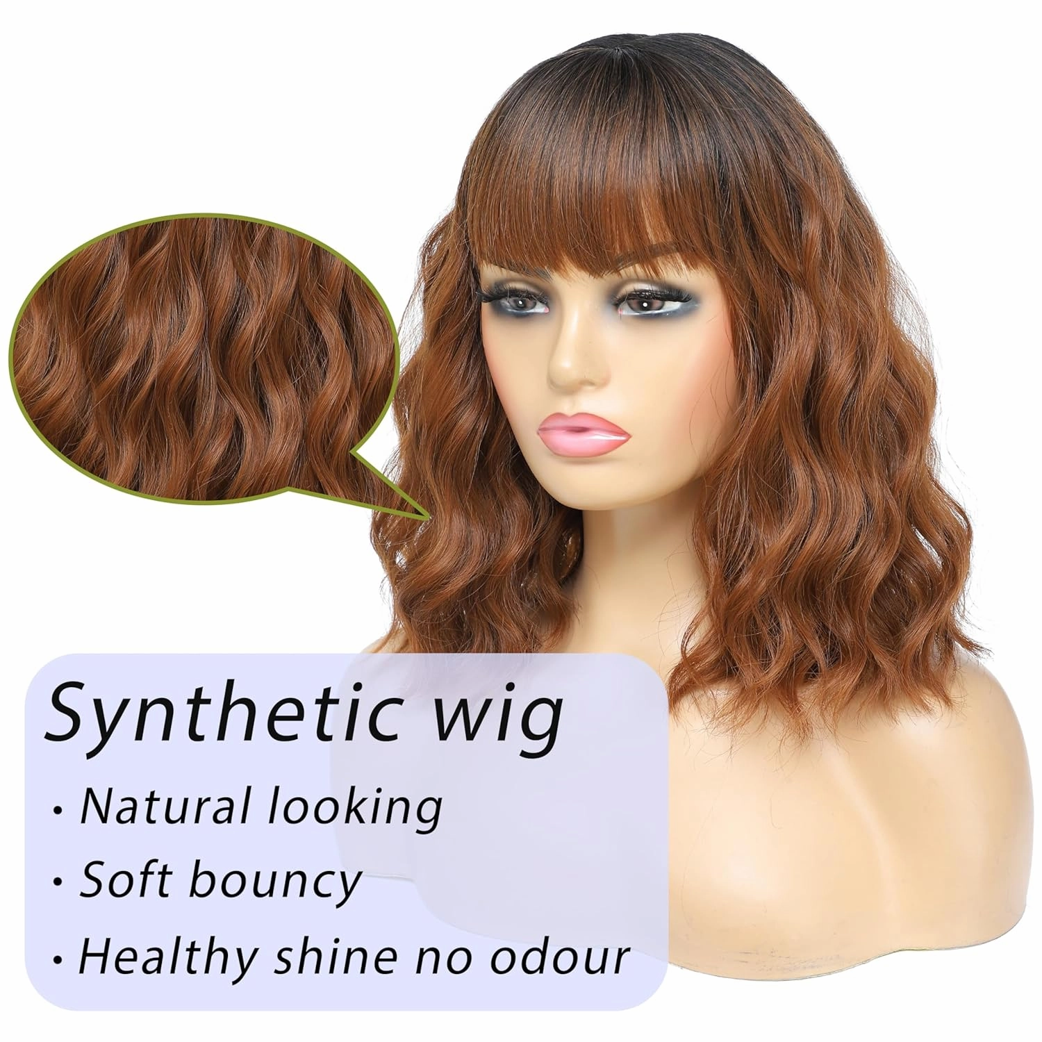 Short Wavy Wigs with Bangs Ombre Brown Curly Bob Wig for Women Natural Looking Synthetic Heat Resistant Fiber Brown Wig for Daily Party Use (Ombre Brown)