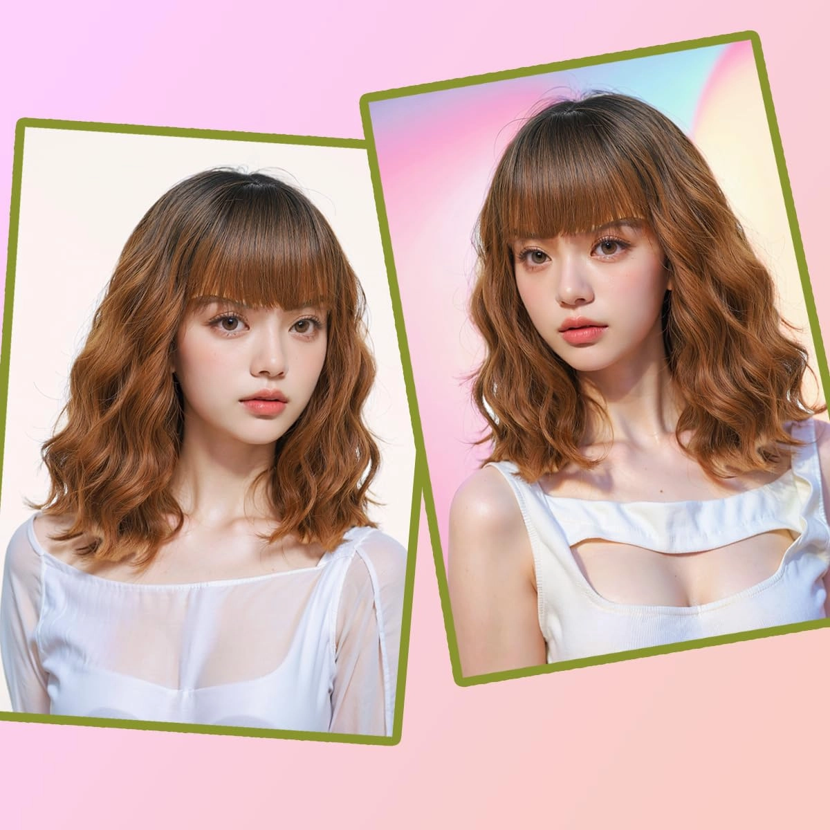 Short Wavy Wigs with Bangs Ombre Brown Curly Bob Wig for Women Natural Looking Synthetic Heat Resistant Fiber Brown Wig for Daily Party Use (Ombre Brown)