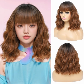 Short Wavy Wigs with Bangs Ombre Brown Curly Bob Wig for Women Natural Looking Synthetic Heat Resistant Fiber Brown Wig for Daily Party Use (Ombre Brown)