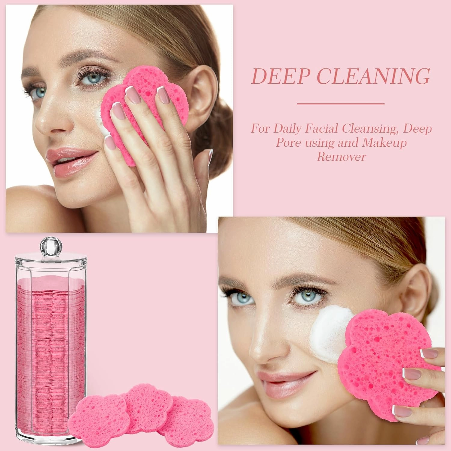 Sieral 120 Pcs Compressed Facial Sponges with Container Disposable Face Sponge Pads for Washing Face Cleansing Exfoliating Esthetician Makeup Removal(Flower,Pink)