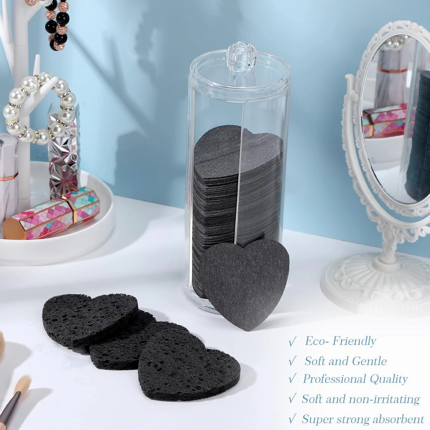Sieral 120 Pcs Compressed Facial Sponges with Container Disposable Face Sponge Pads for Washing Face Cleansing Exfoliating Esthetician Makeup Removal(Heart,Black)