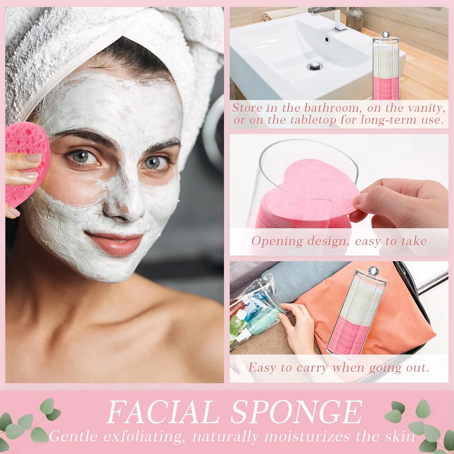 Sieral 120 Pcs Compressed Facial Sponges with Container Disposable Face Sponge Pads for Washing Face Cleansing Exfoliating Esthetician Makeup Removal(Heart,White, Pink)