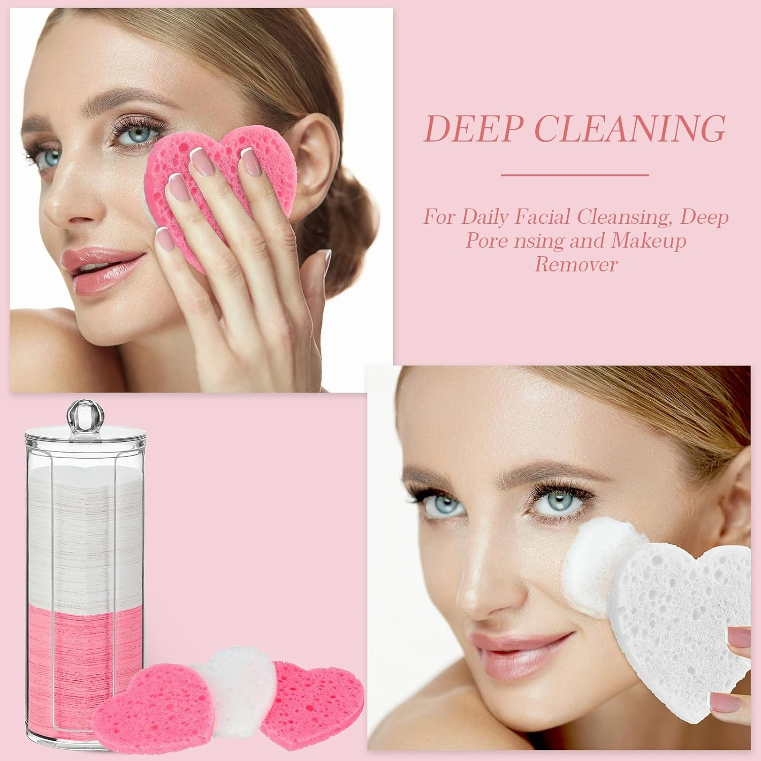 Sieral 120 Pcs Compressed Facial Sponges with Container Disposable Face Sponge Pads for Washing Face Cleansing Exfoliating Esthetician Makeup Removal(Heart,White, Pink)