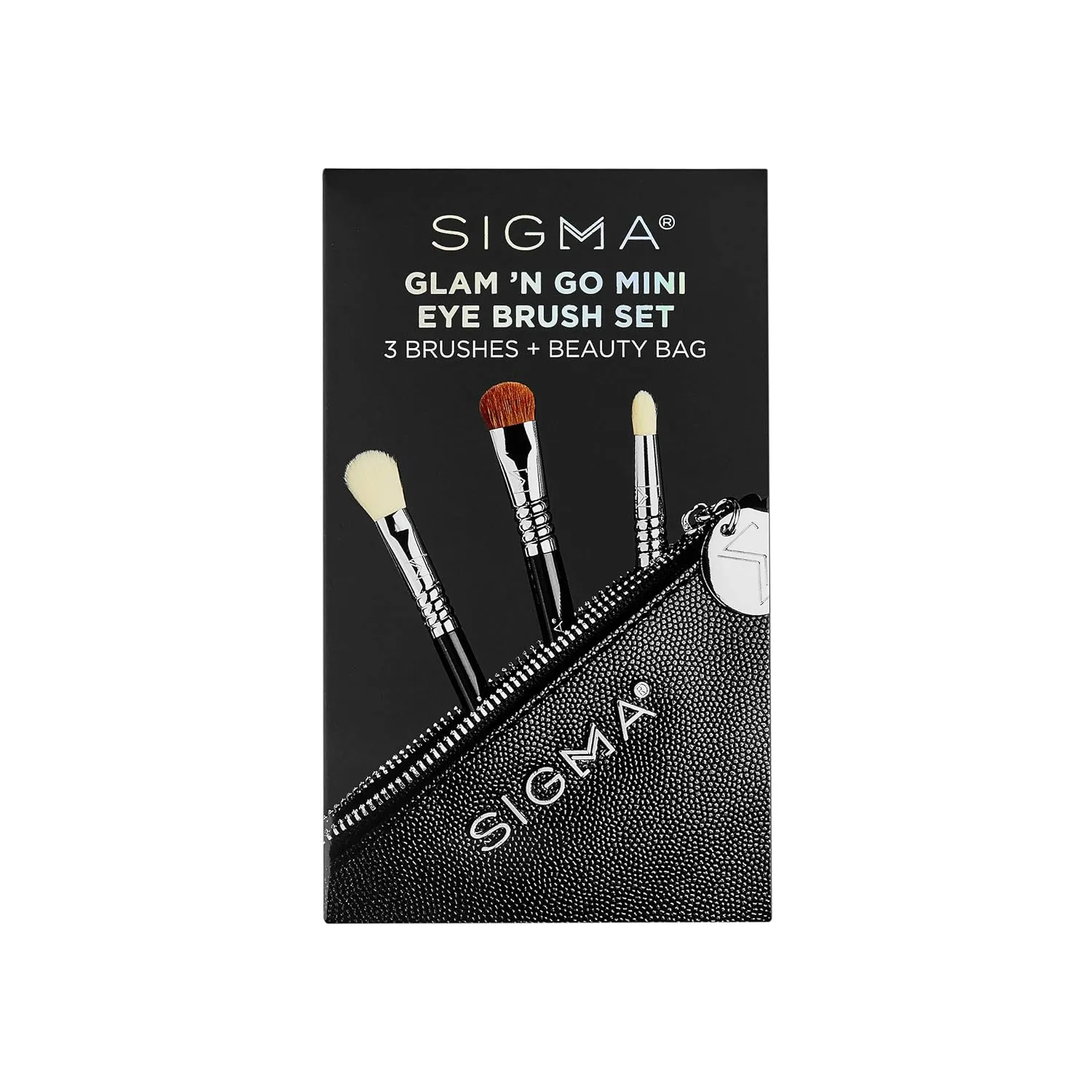 Sigma Beauty Glam ‘N Glow Mini Eye Makeup Brush Set – Set of 3 Eye Makeup Brushes for Blending, Shading, Lining, and Smudging, Includes Stylish Black Small Makeup Bag (4 Pcs)