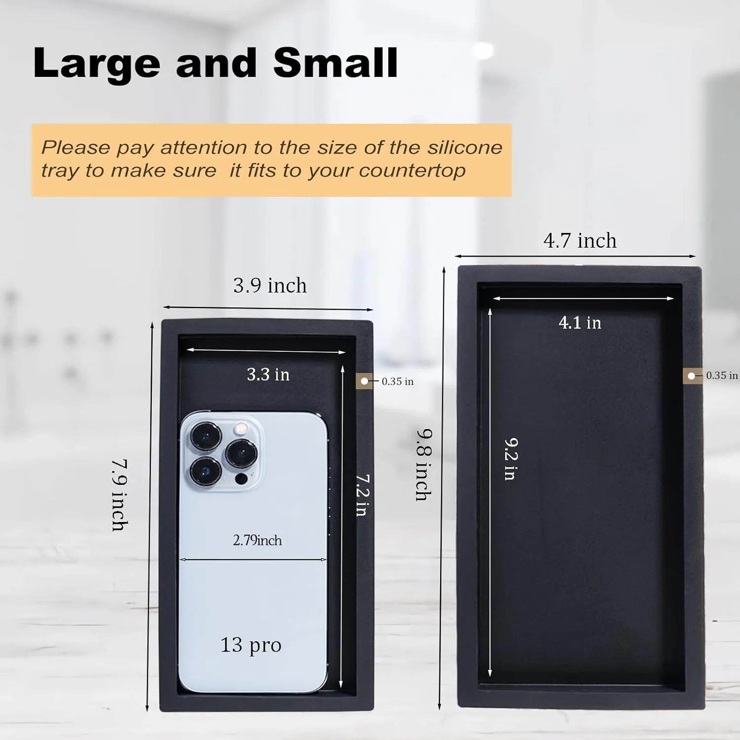 Silicone Bathroom Vanity Tray Rectangle Soap and Sponge Holder Kitchen Sink Organizer for Scrubber, Lotion Bottles, Perfume, Jewelry, Candle, Key Trinket Ring, 2 Pack, Black
