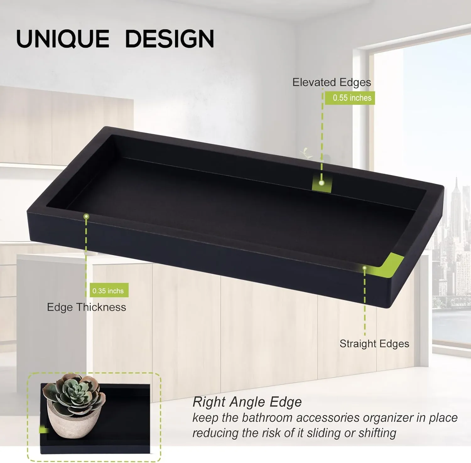 Silicone Bathroom Vanity Tray Rectangle Soap and Sponge Holder Kitchen Sink Organizer for Scrubber, Lotion Bottles, Perfume, Jewelry, Candle, Key Trinket Ring, 2 Pack, Black